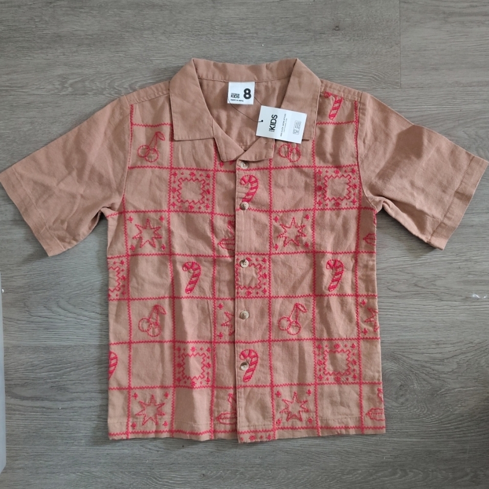 NWT Cotton On Kids Tan Button Down Shirt with Red Embroidery